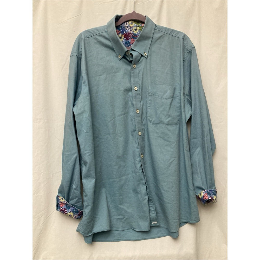 Alan Flusser Men's Turquois‎ Button Up w/Floral Flip Cuff & Collar - Sz XXL